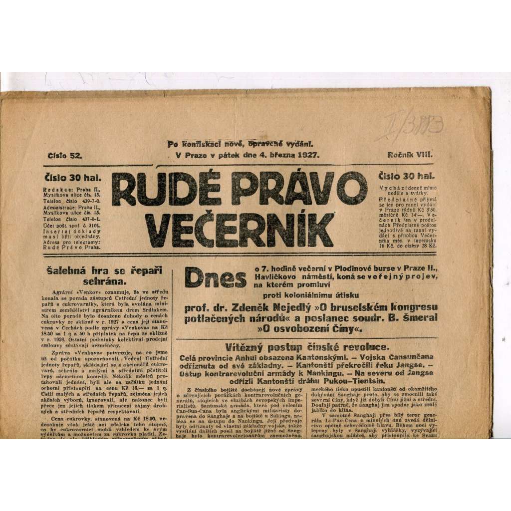 Rudé právo - večerník, ročník VIII., číslo 52 (4.3.1927) - staré noviny, 1. republika