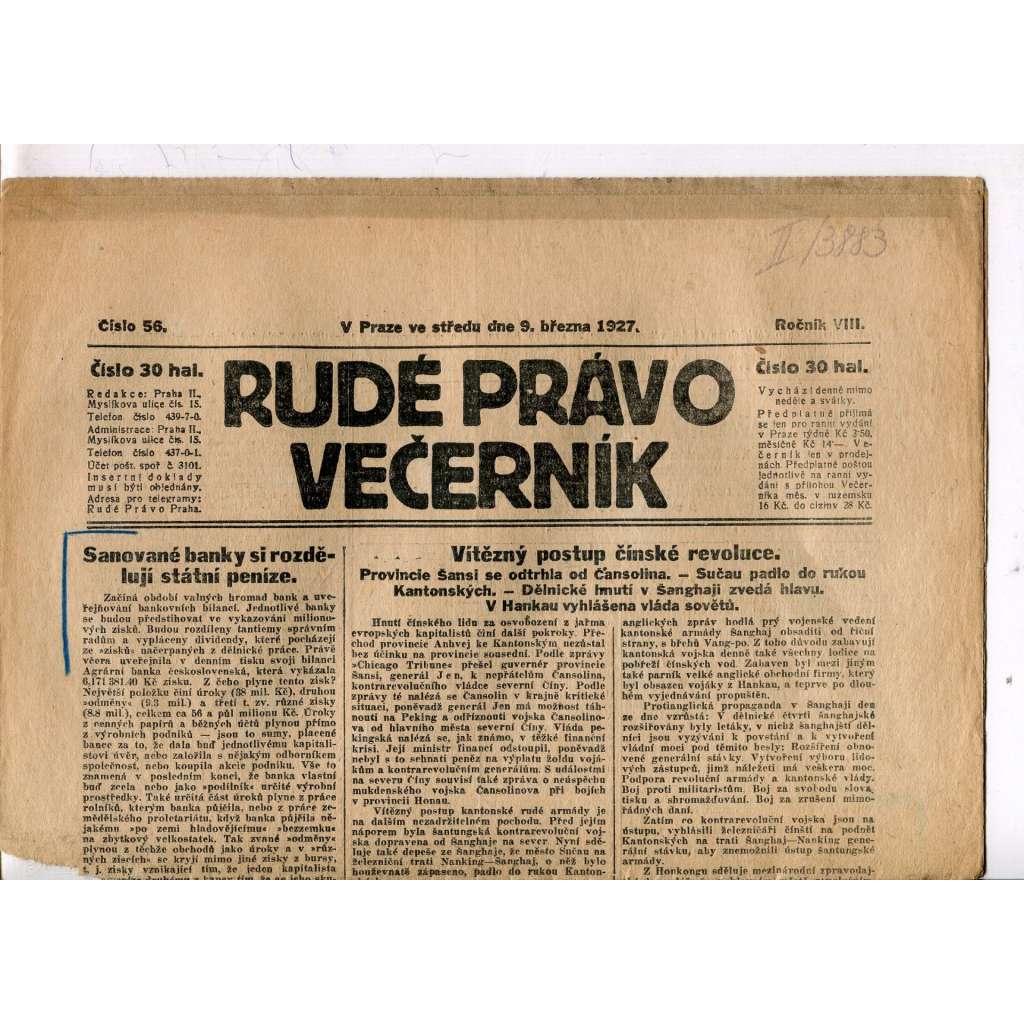 Rudé právo - večerník, ročník VIII., číslo 56 (9.3.1927) - staré noviny, 1. republika (pošk.)