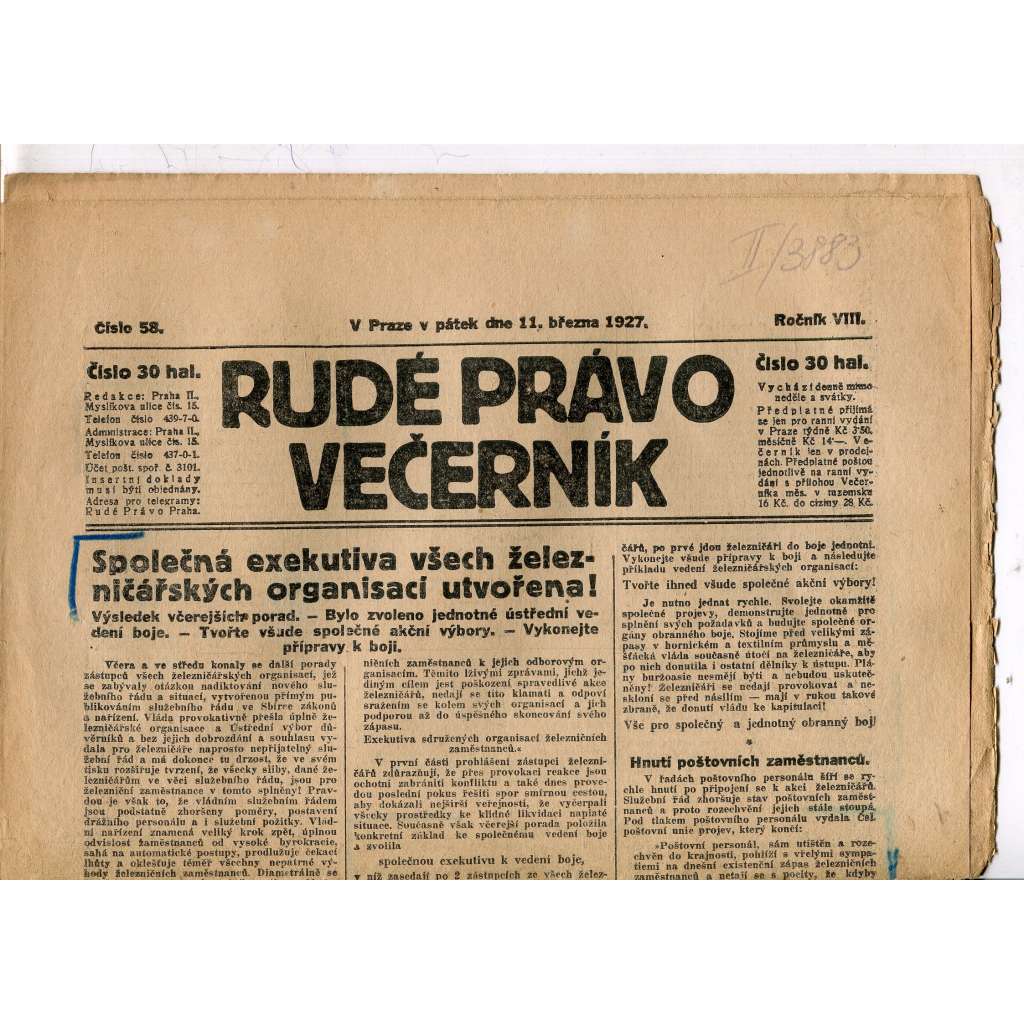 Rudé právo - večerník, ročník VIII., číslo 58 (11.3.1927) - staré noviny, 1. republika (pošk.)