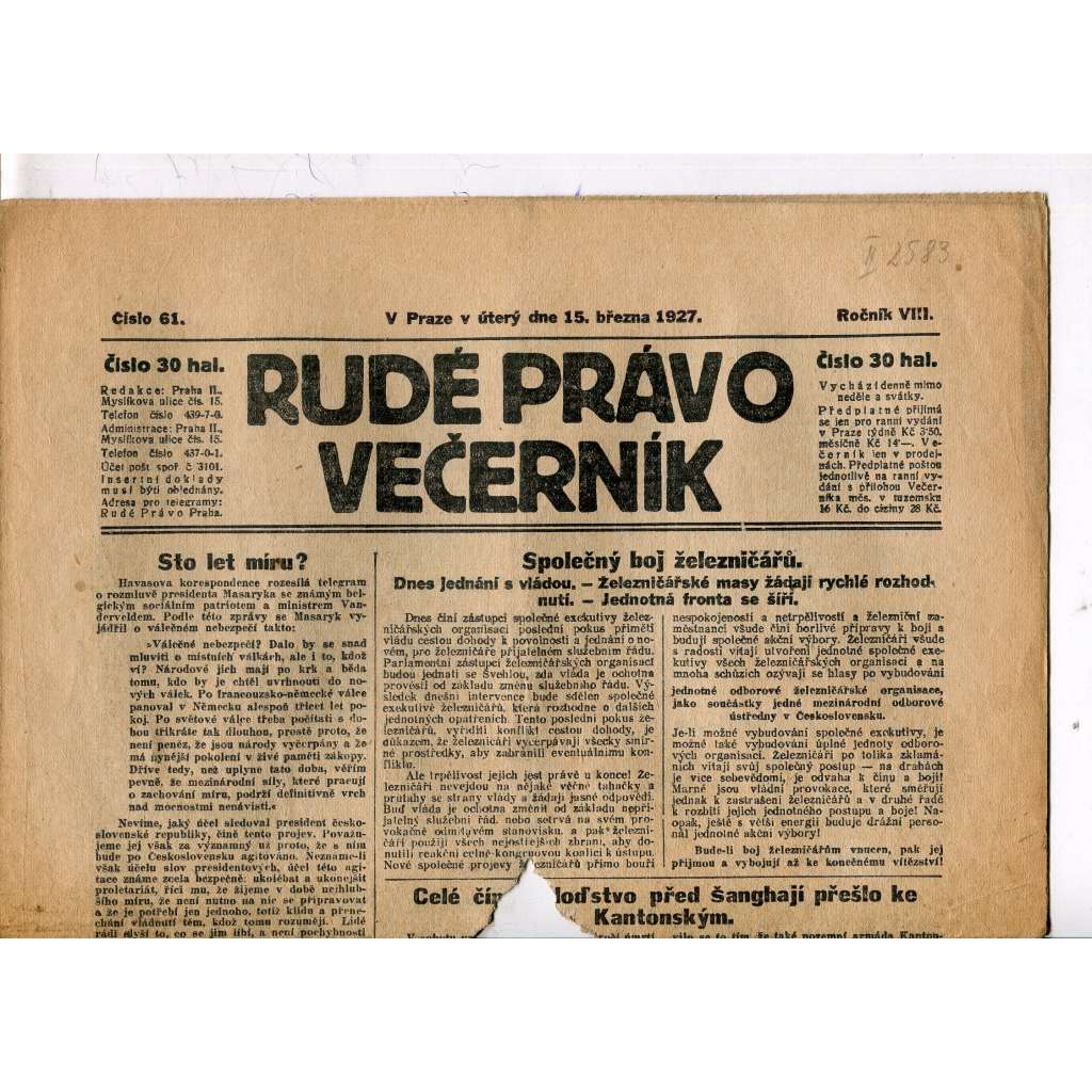 Rudé právo - večerník, ročník VIII., číslo 61 (15.3.1927) - staré noviny, 1. republika (pošk.)