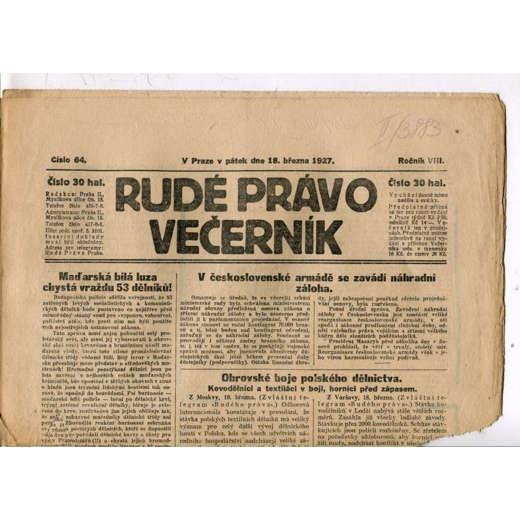 Rudé právo - večerník, ročník VIII., číslo 64 (18.3.1927) - staré noviny, 1. republika (pošk.)