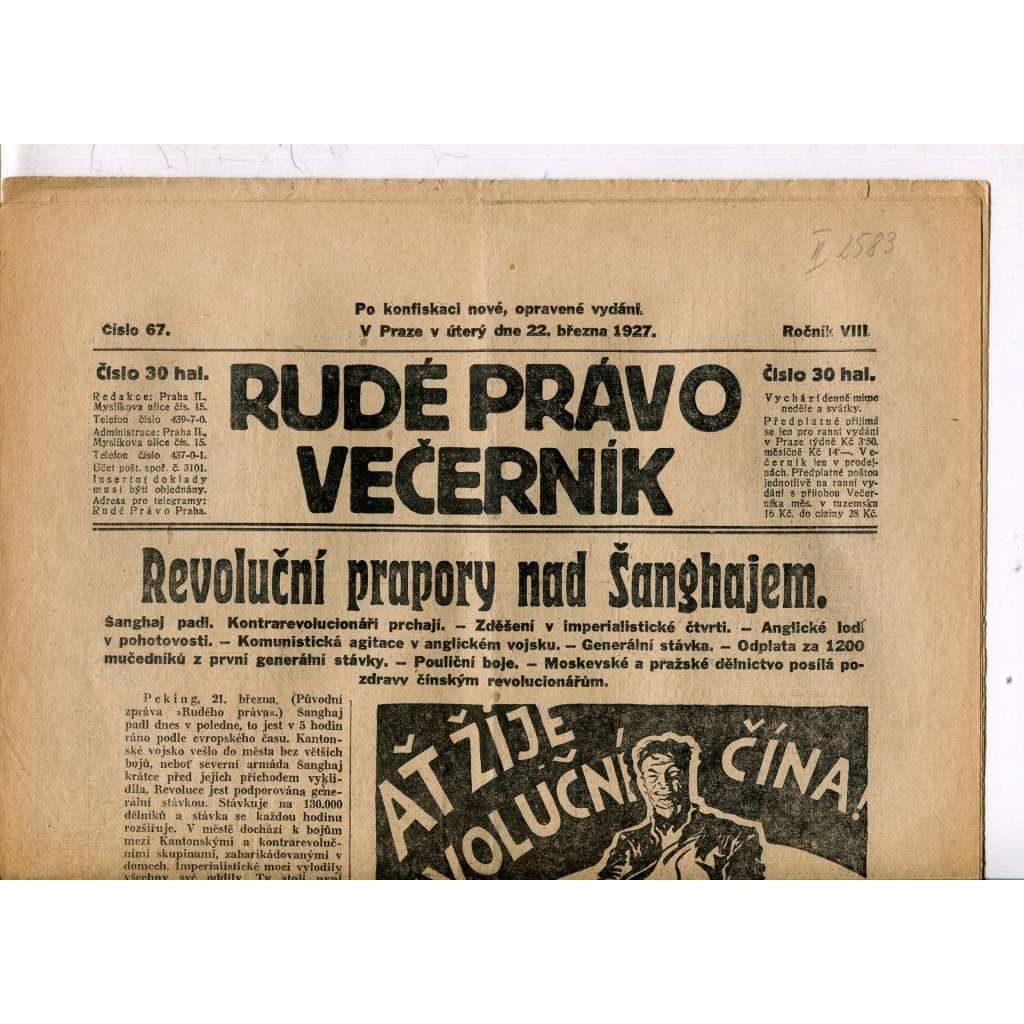 Rudé právo - večerník, ročník VIII., číslo 67 (22.3.1927) - staré noviny, 1. republika
