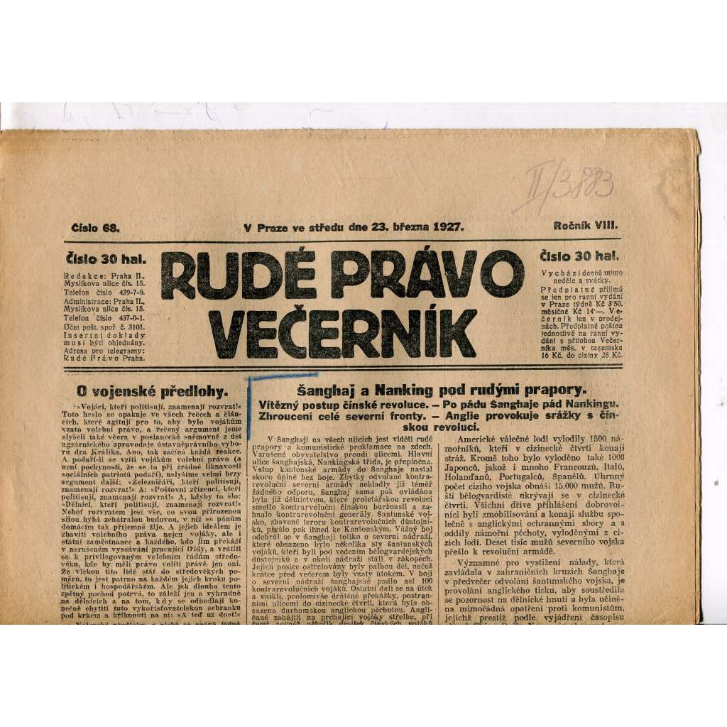 Rudé právo - večerník, ročník VIII., číslo 68 (23.3.1927) - staré noviny, 1. republika