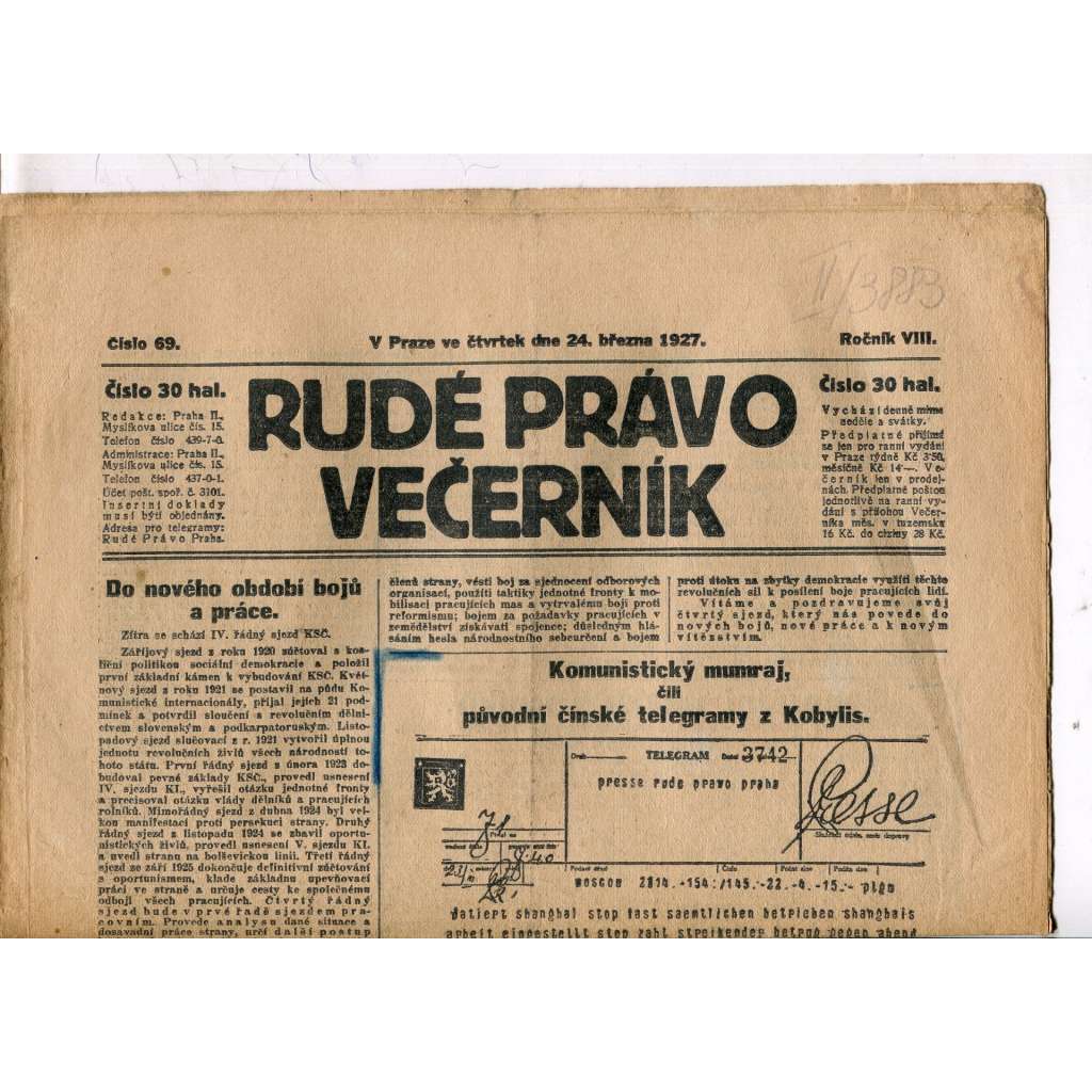Rudé právo - večerník, ročník VIII., číslo 69 (24.3.1927) - staré noviny, 1. republika