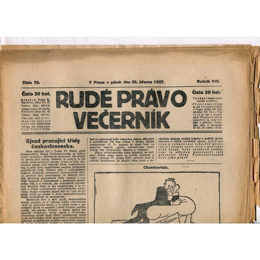 Rudé právo - večerník, ročník VIII., číslo 70 (25.3.1927) - staré noviny, 1. republika