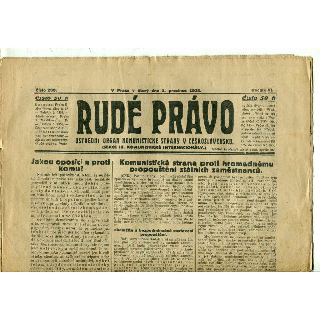 Rudé právo, ročník VI., číslo 280 (1.12.1925) - staré noviny, 1. republika