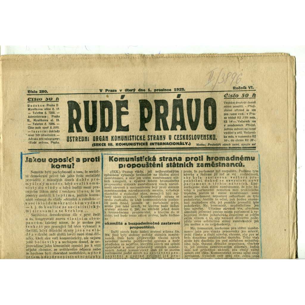 Rudé právo, ročník VI., číslo 280 (1.12.1925) - staré noviny, 1. republika