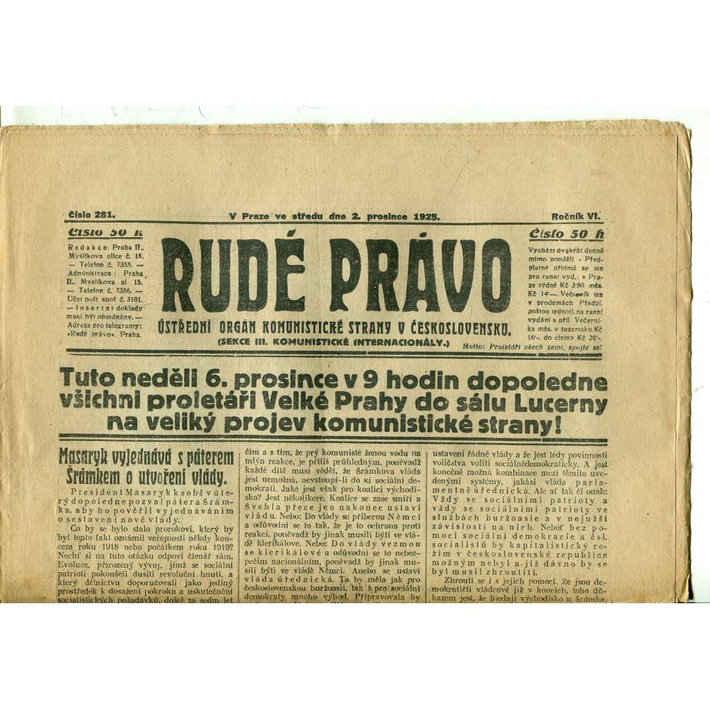 Rudé právo, ročník VI., číslo 281 (2.12.1925) - staré noviny, 1. republika