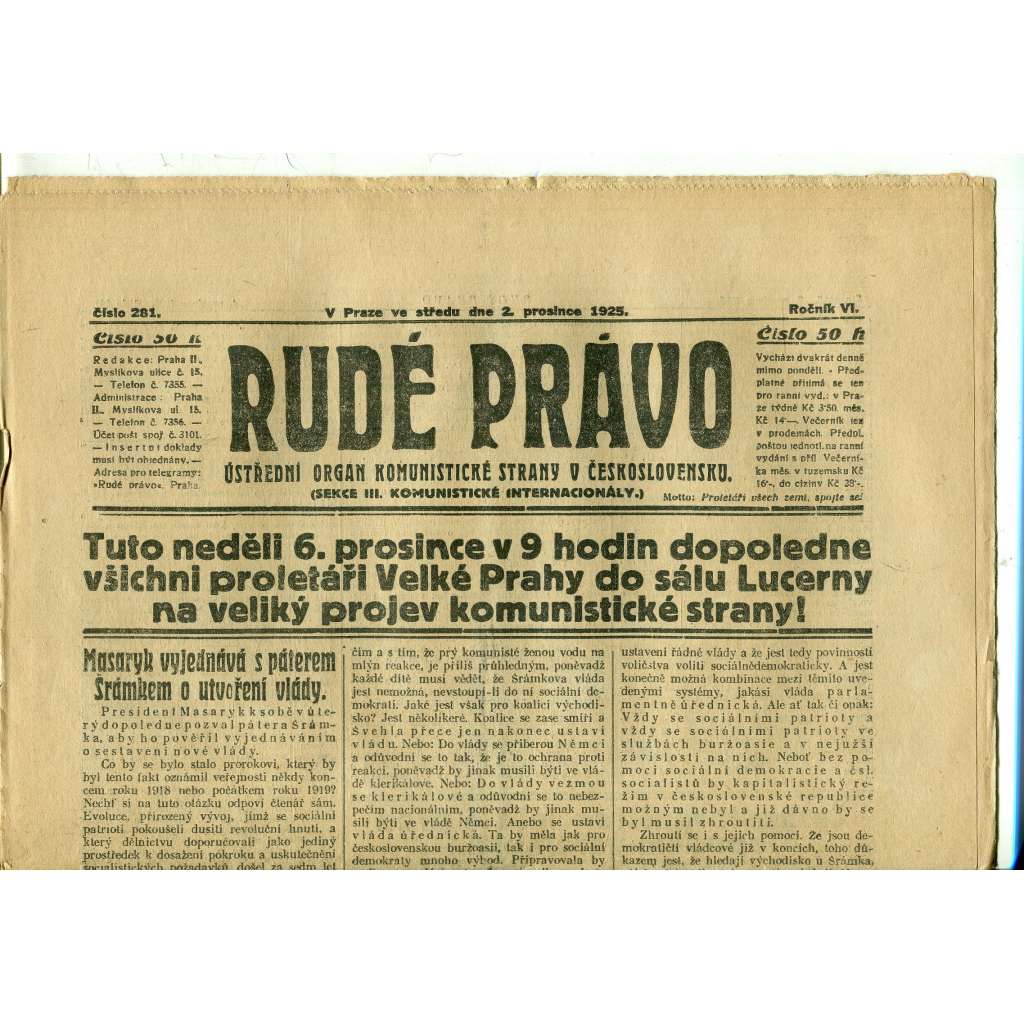 Rudé právo, ročník VI., číslo 281 (2.12.1925) - staré noviny, 1. republika