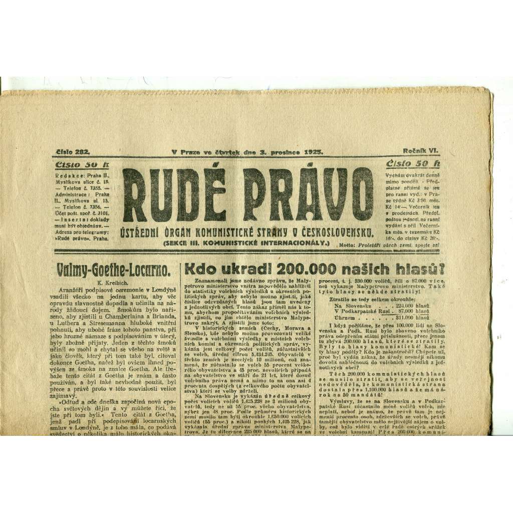 Rudé právo, ročník VI., číslo 282 (3.12.1925) - staré noviny, 1. republika