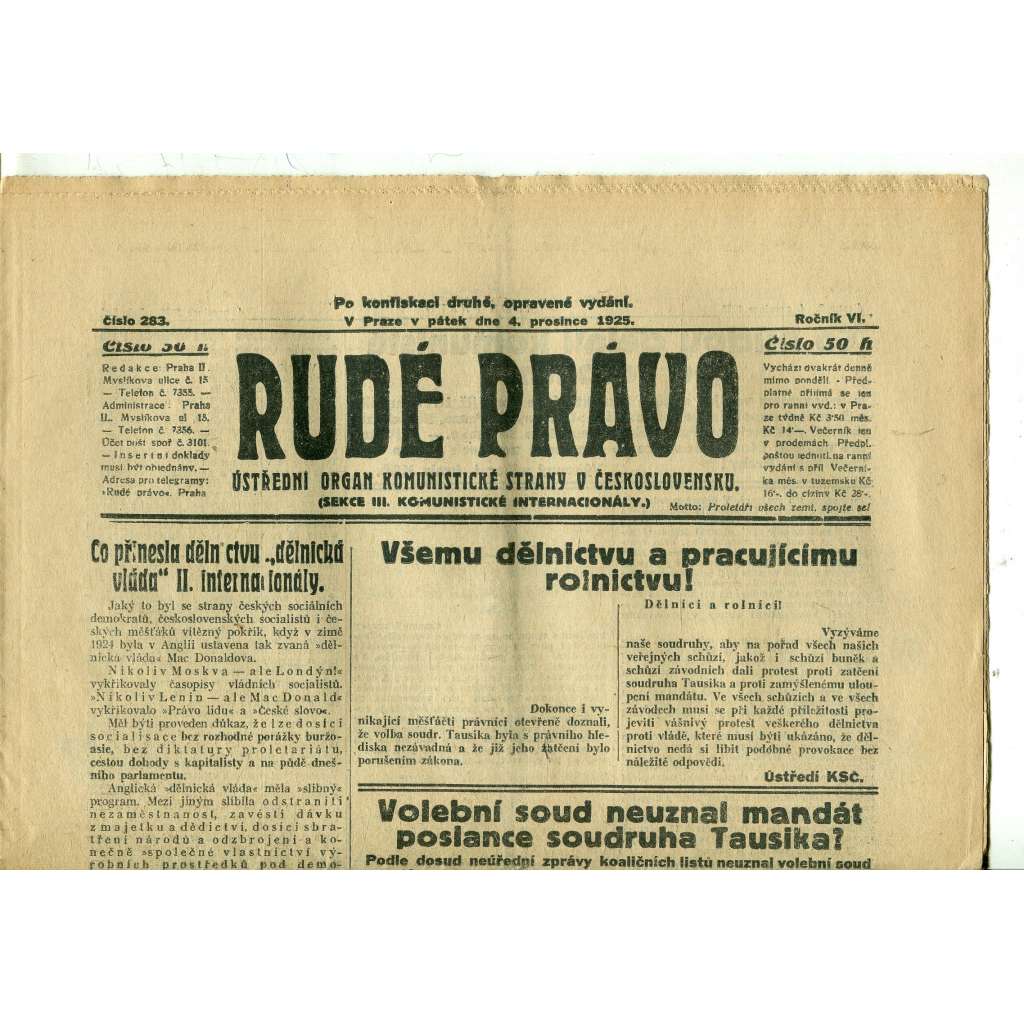 Rudé právo, ročník VI., číslo 283 (4.12.1925) - staré noviny, 1. republika