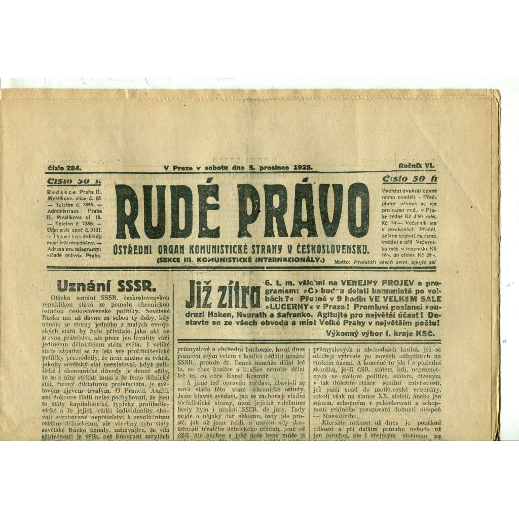 Rudé právo, ročník VI., číslo 284 (5.12.1925) - staré noviny, 1. republika