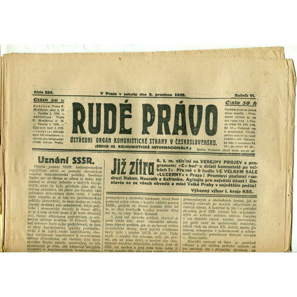 Rudé právo, ročník VI., číslo 284 (5.12.1925) - staré noviny, 1. republika