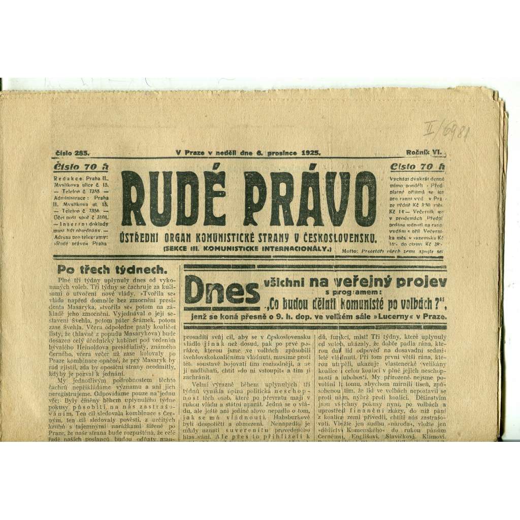 Rudé právo, ročník VI., číslo 285 (6.12.1925) - staré noviny, 1. republika
