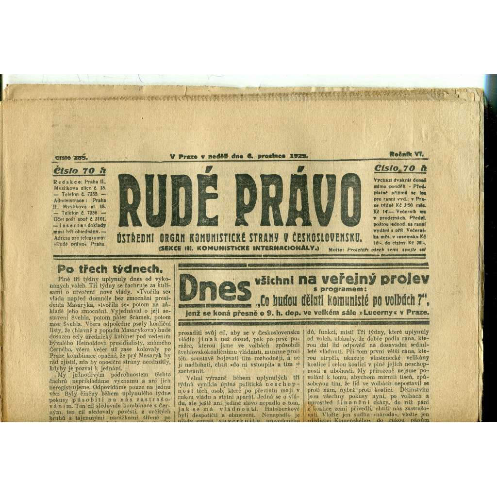 Rudé právo, ročník VI., číslo 285 (6.12.1925) - staré noviny, 1. republika