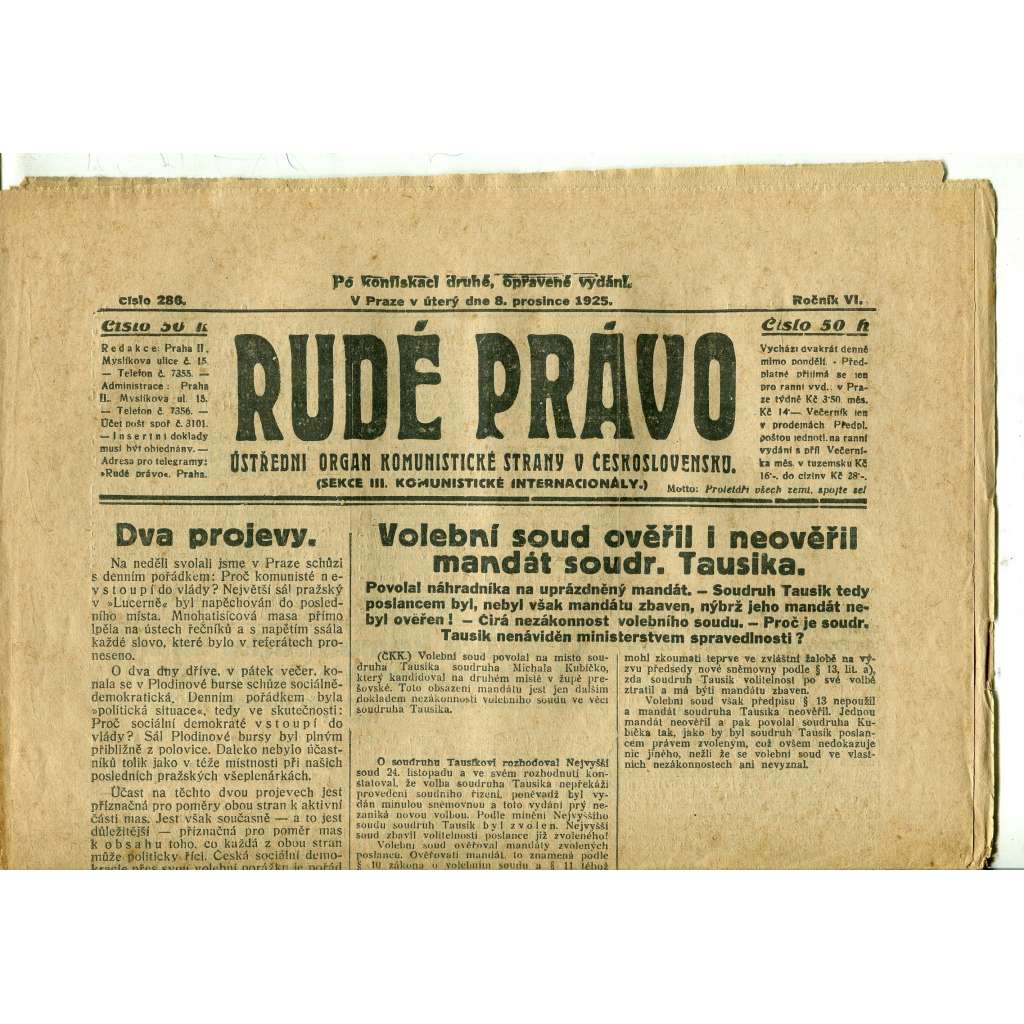 Rudé právo, ročník VI., číslo 286 (8.12.1925) - staré noviny, 1. republika