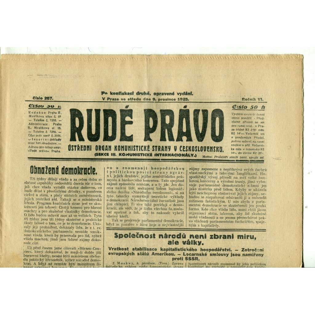 Rudé právo, ročník VI., číslo 287 (9.12.1925) - staré noviny, 1. republika
