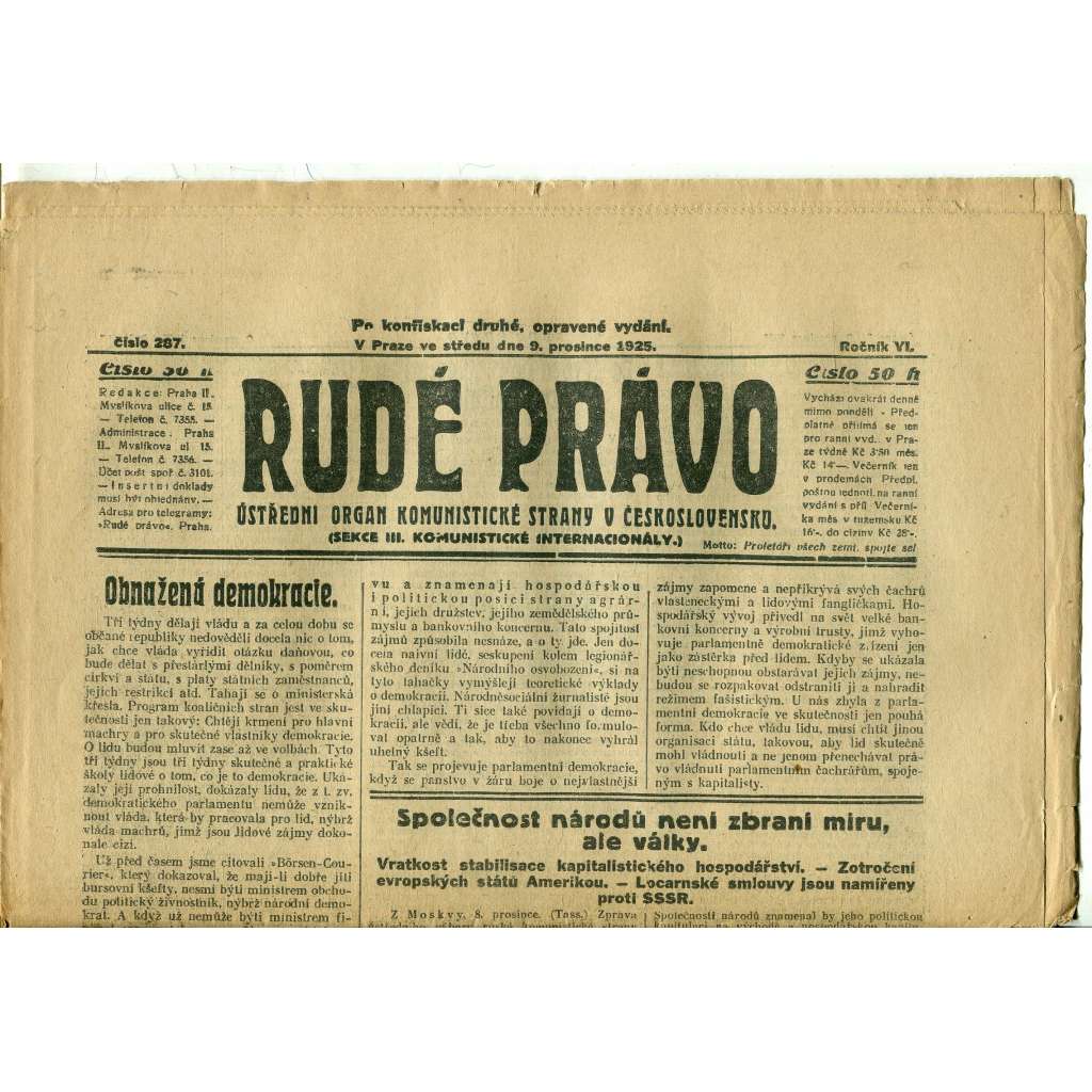Rudé právo, ročník VI., číslo 287 (9.12.1925) - staré noviny, 1. republika