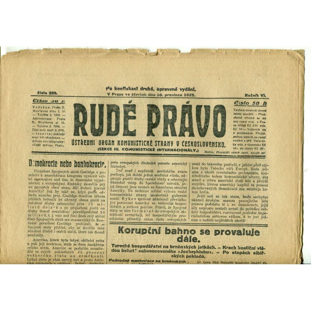 Rudé právo, ročník VI., číslo 288 (10.12.1925) - staré noviny, 1. republika