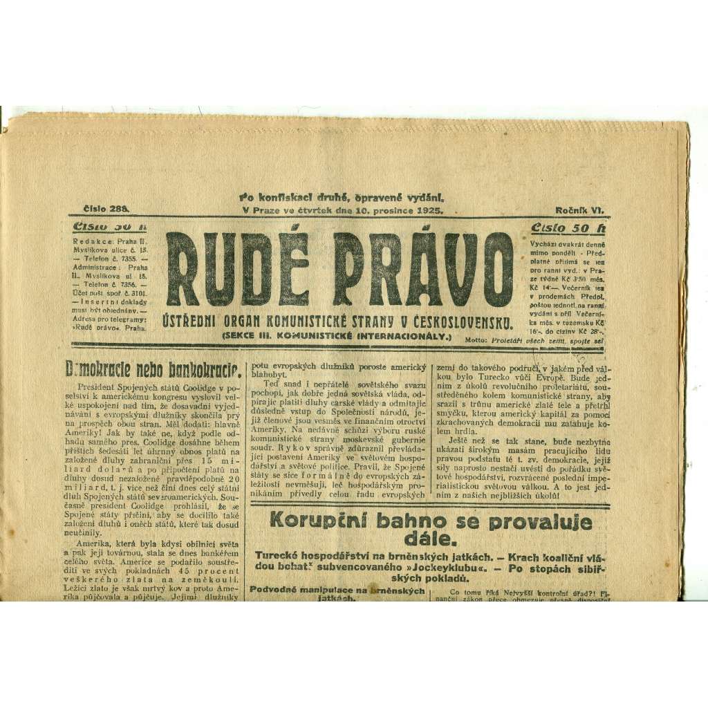 Rudé právo, ročník VI., číslo 288 (10.12.1925) - staré noviny, 1. republika