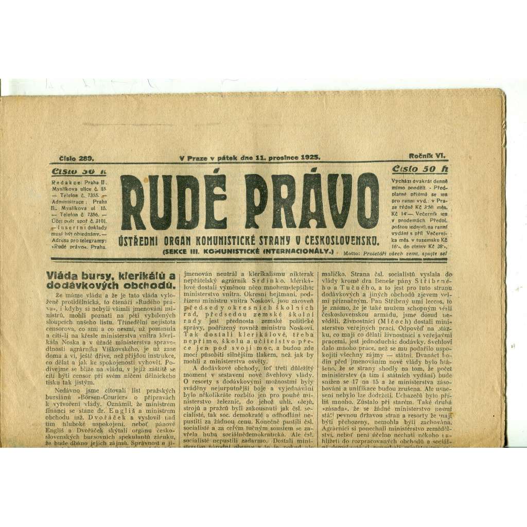 Rudé právo, ročník VI., číslo 289 (11.12.1925) - staré noviny, 1. republika