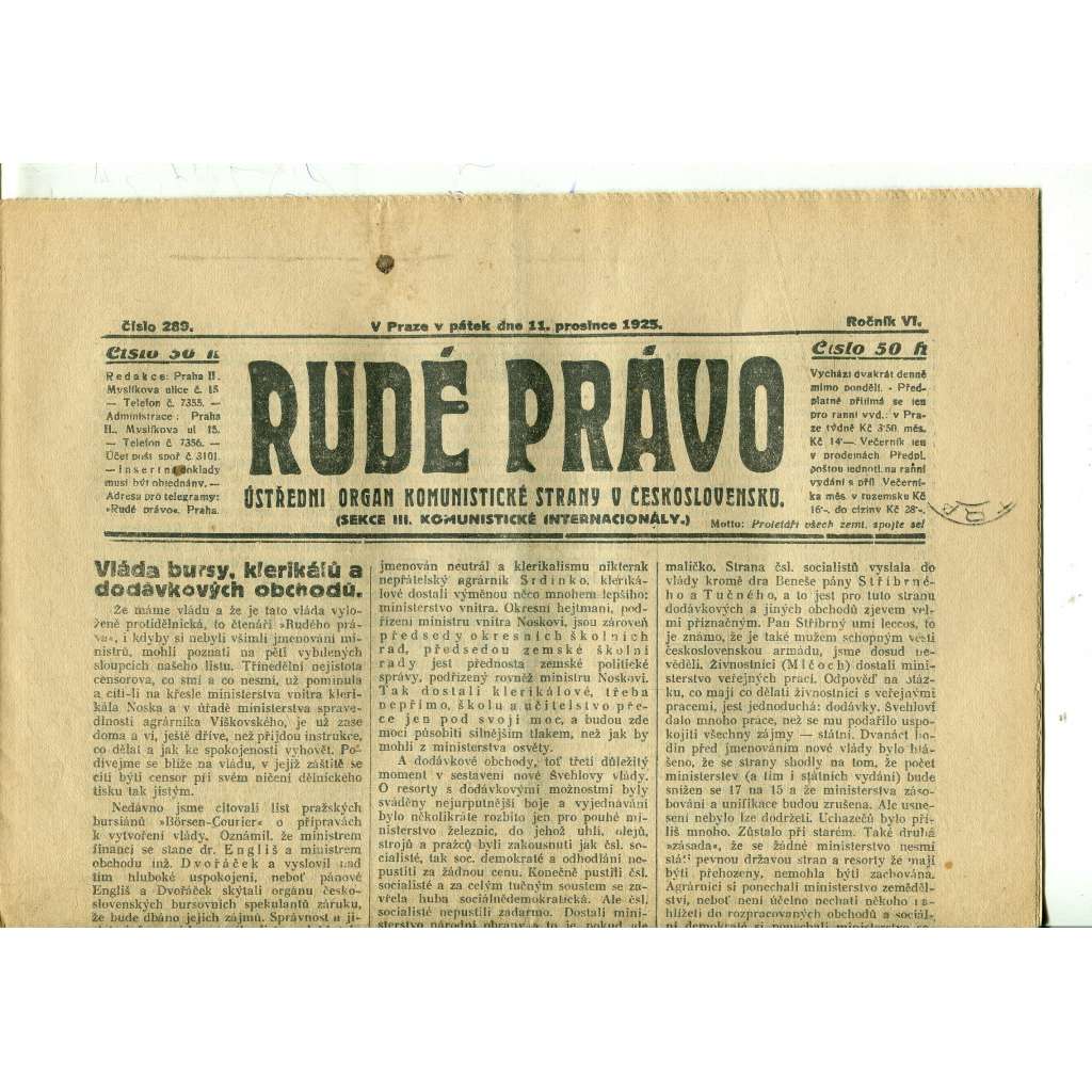 Rudé právo, ročník VI., číslo 289 (11.12.1925) - staré noviny, 1. republika