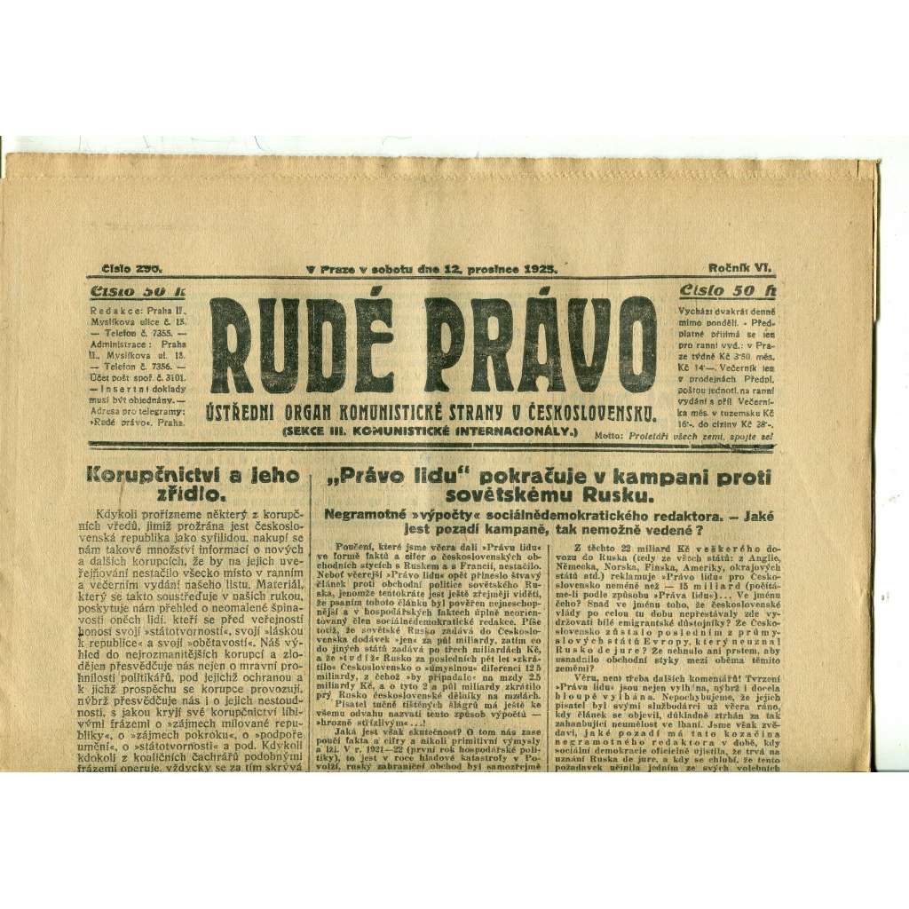 Rudé právo, ročník VI., číslo 290 (12.12.1925) - staré noviny, 1. republika