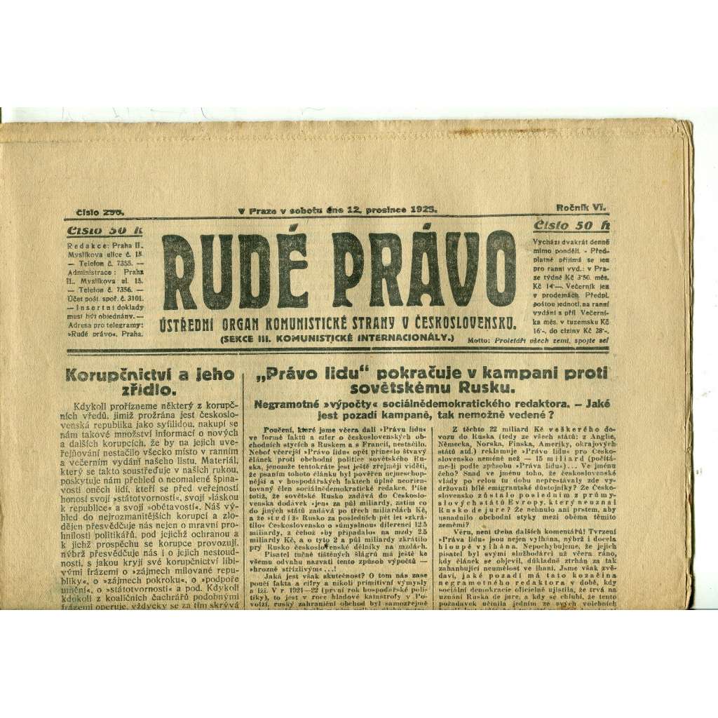 Rudé právo, ročník VI., číslo 290 (12.12.1925) - staré noviny, 1. republika