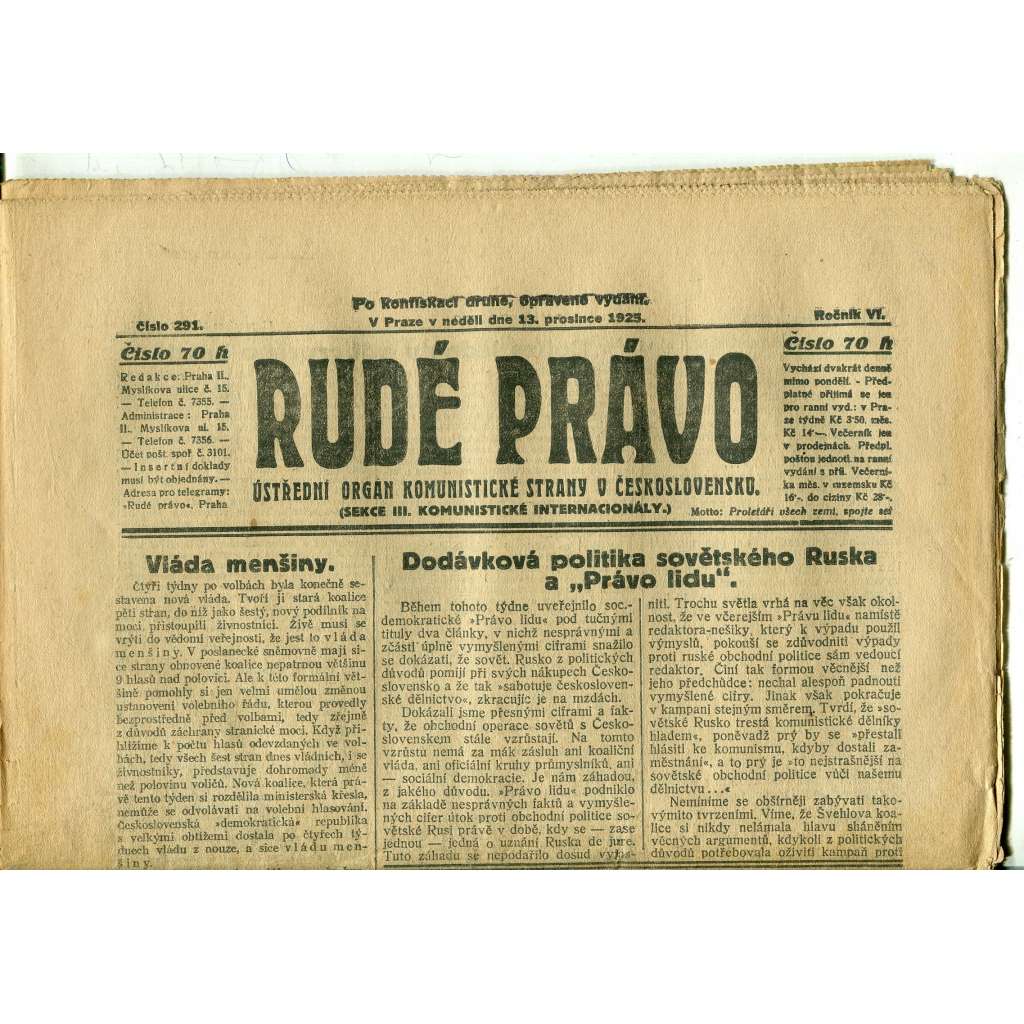 Rudé právo, ročník VI., číslo 291 (13.12.1925) - staré noviny, 1. republika