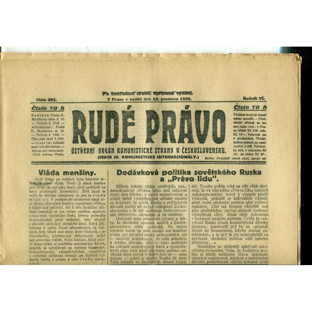 Rudé právo, ročník VI., číslo 291 (13.12.1925) - staré noviny, 1. republika