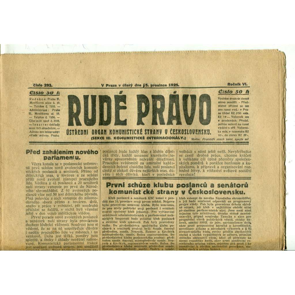 Rudé právo, ročník VI., číslo 292 (15.12.1925) - staré noviny, 1. republika