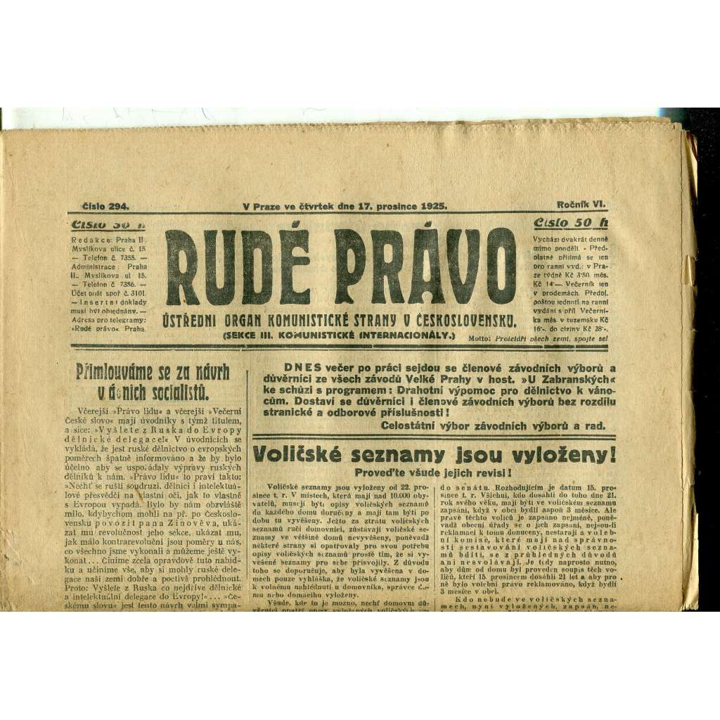 Rudé právo, ročník VI., číslo 294 (17.12.1925) - staré noviny, 1. republika