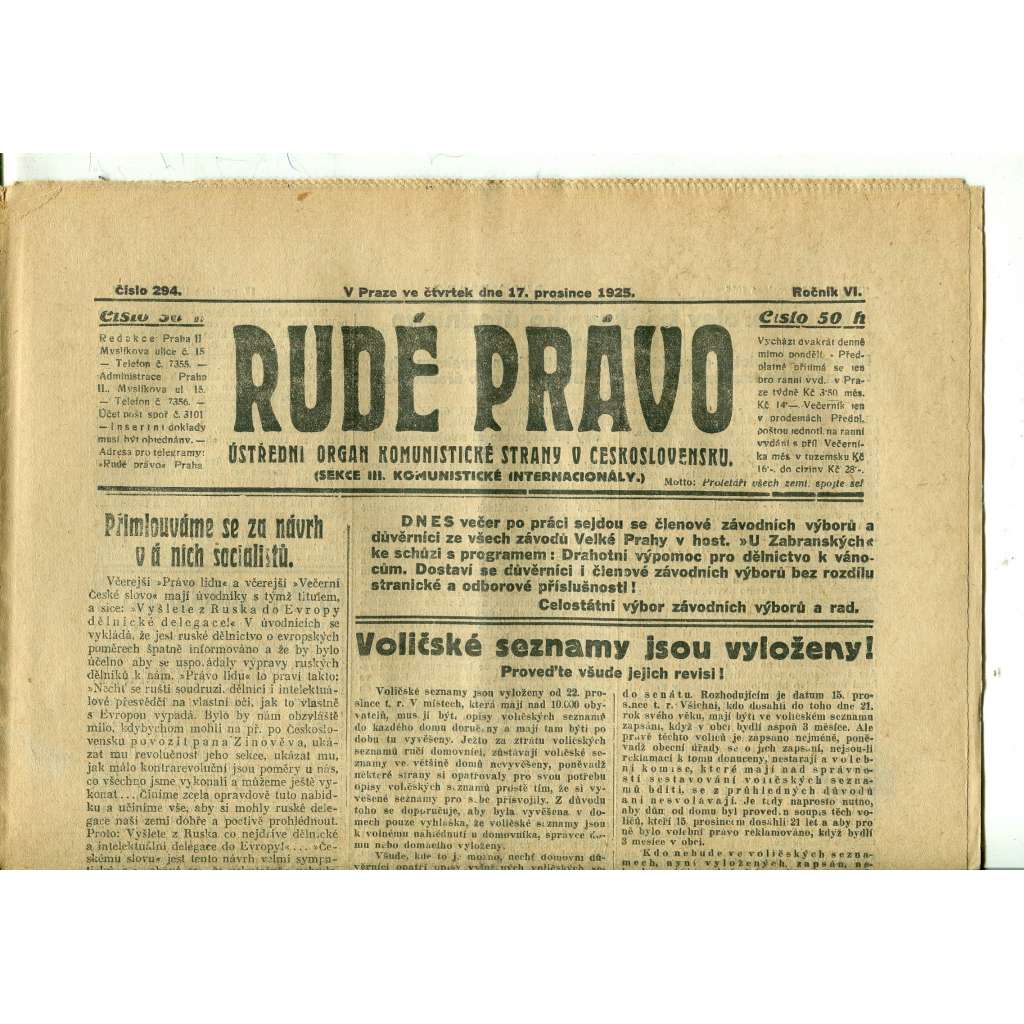 Rudé právo, ročník VI., číslo 294 (17.12.1925) - staré noviny, 1. republika