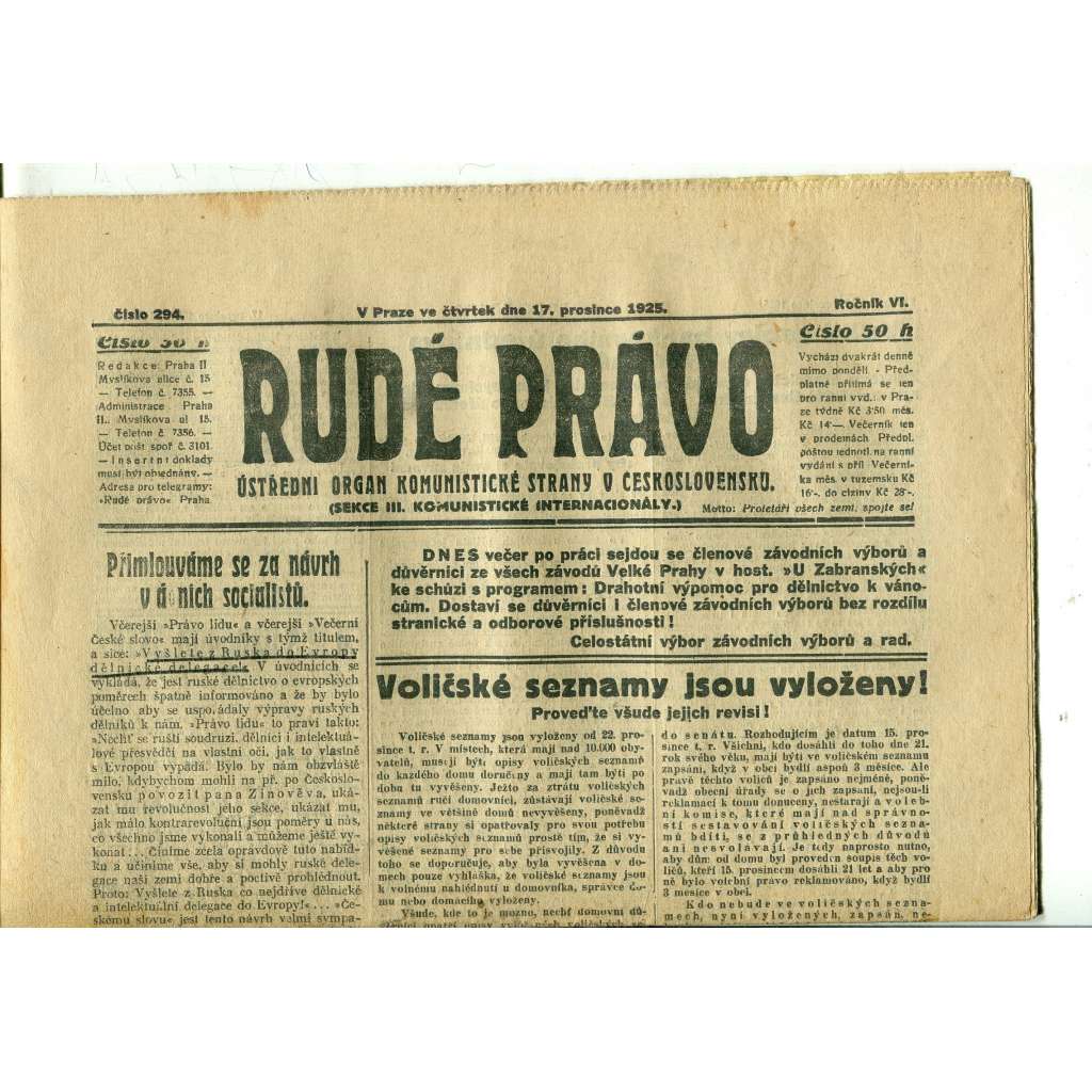 Rudé právo, ročník VI., číslo 294 (17.12.1925) - staré noviny, 1. republika