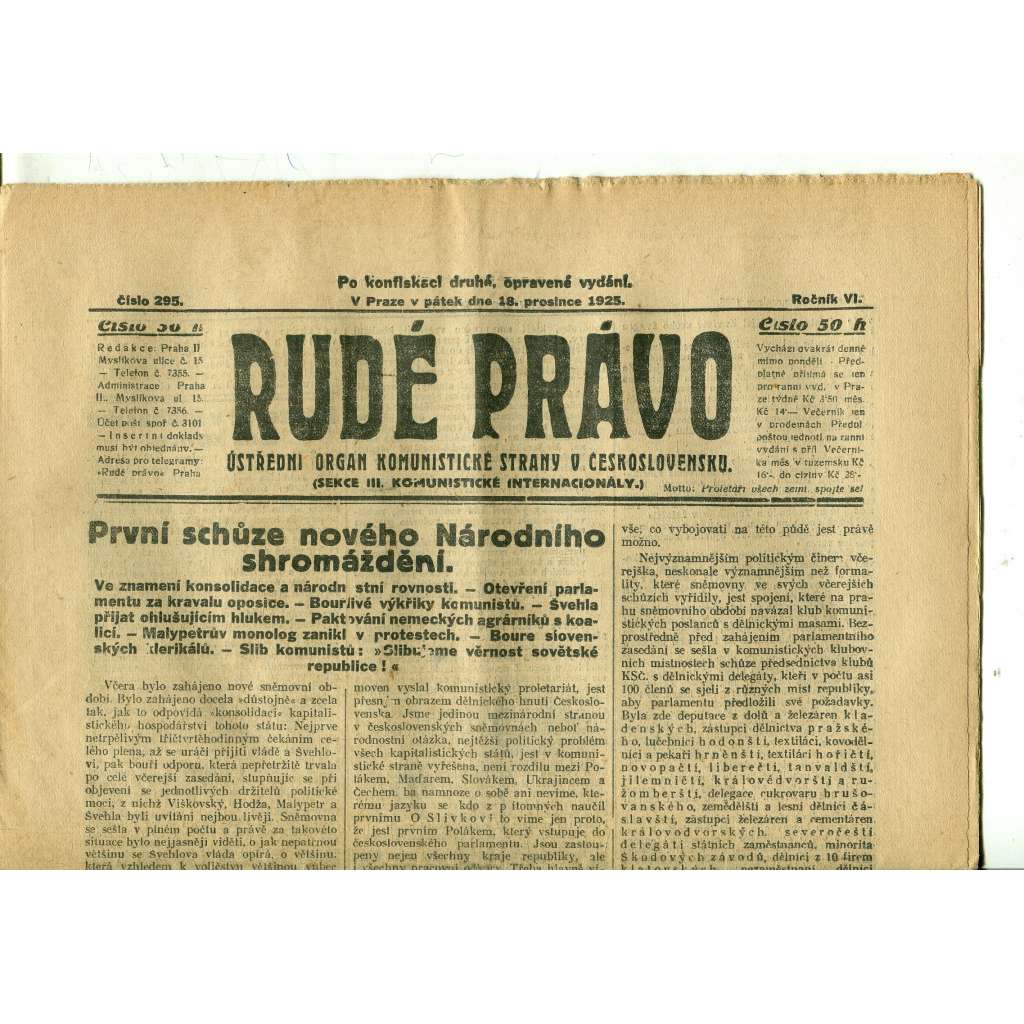 Rudé právo, ročník VI., číslo 295 (18.12.1925) - staré noviny, 1. republika