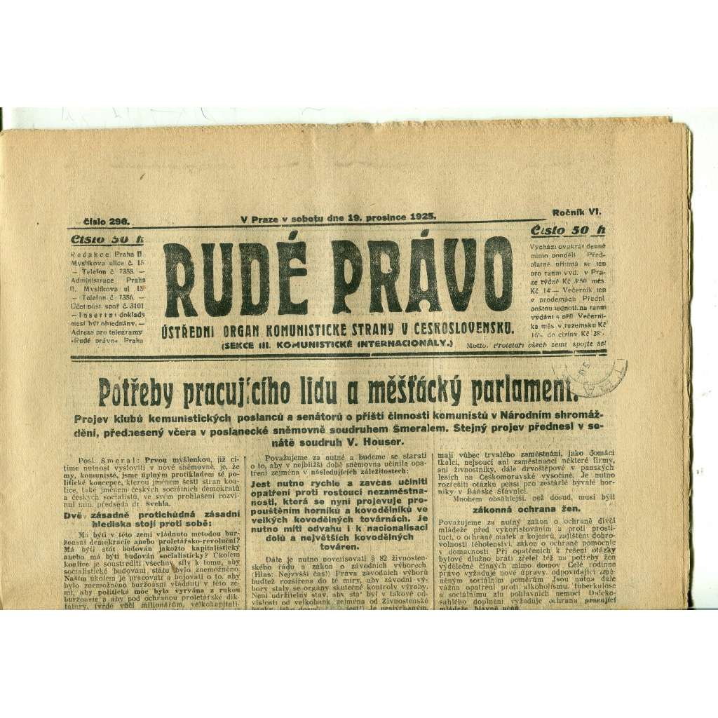Rudé právo, ročník VI., číslo 296 (19.12.1925) - staré noviny, 1. republika