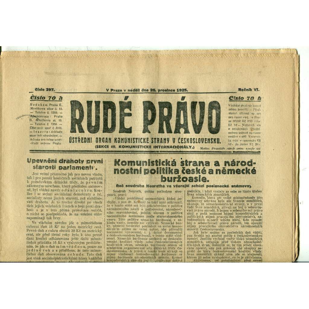 Rudé právo, ročník VI., číslo 297 (20.12.1925) - staré noviny, 1. republika