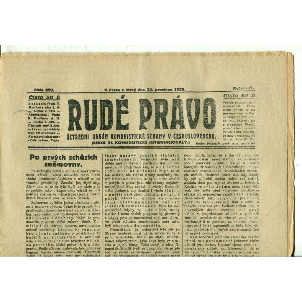 Rudé právo, ročník VI., číslo 298 (22.12.1925) - staré noviny, 1. republika