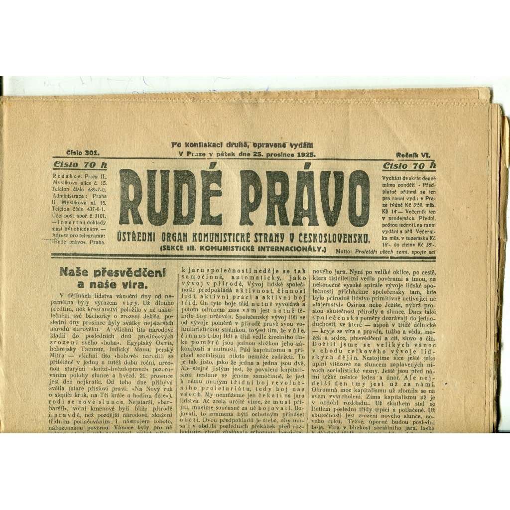 Rudé právo, ročník VI., číslo 301 (25.12.1925) - staré noviny, 1. republika