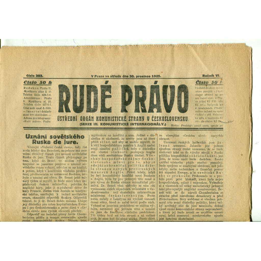 Rudé právo, ročník VI., číslo 303 (30.12.1925) - staré noviny, 1. republika