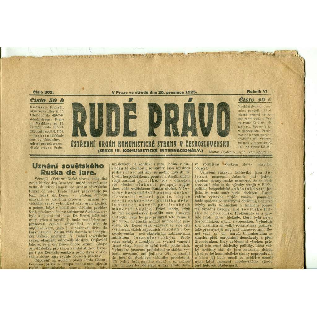 Rudé právo, ročník VI., číslo 303 (30.12.1925) - staré noviny, 1. republika