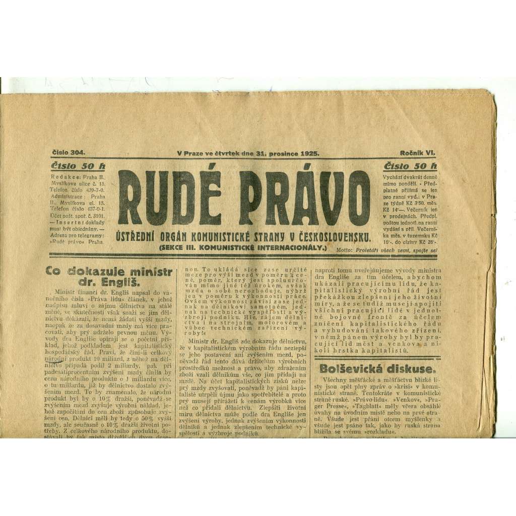 Rudé právo, ročník VI., číslo 304 (31.12.1925) - staré noviny, 1. republika