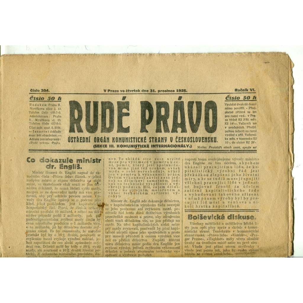 Rudé právo, ročník VI., číslo 304 (31.12.1925) - staré noviny, 1. republika