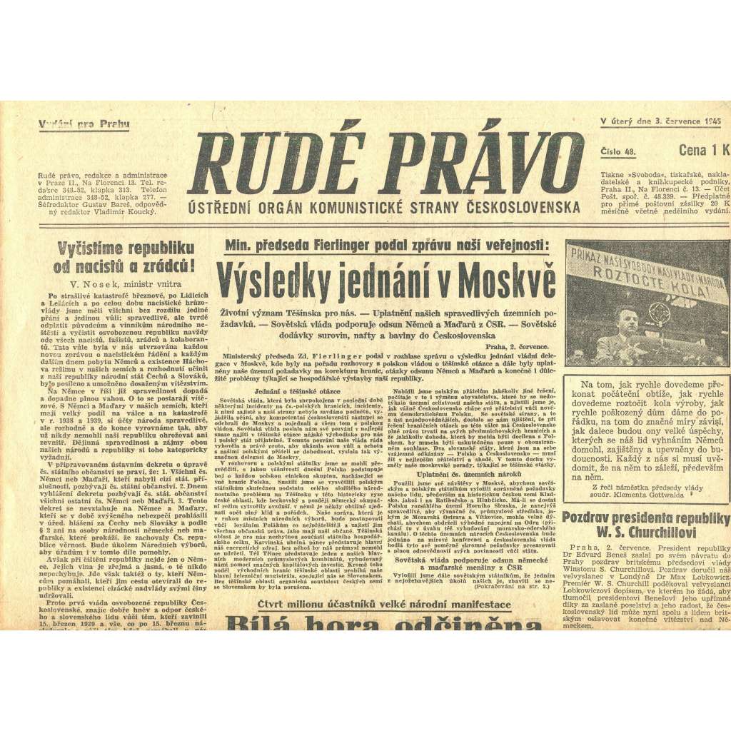 Rudé právo, číslo 48. Ústřední orgán Komunistické strany Československa (3.7.1945) - staré noviny