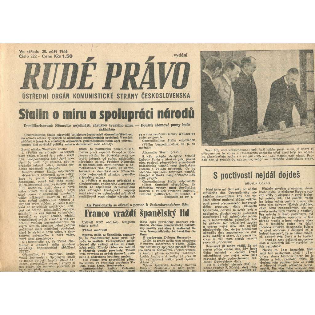 Rudé právo, číslo 222 (25.9.1946). Ústřední orgán Komunistické strany Československa (noviny)