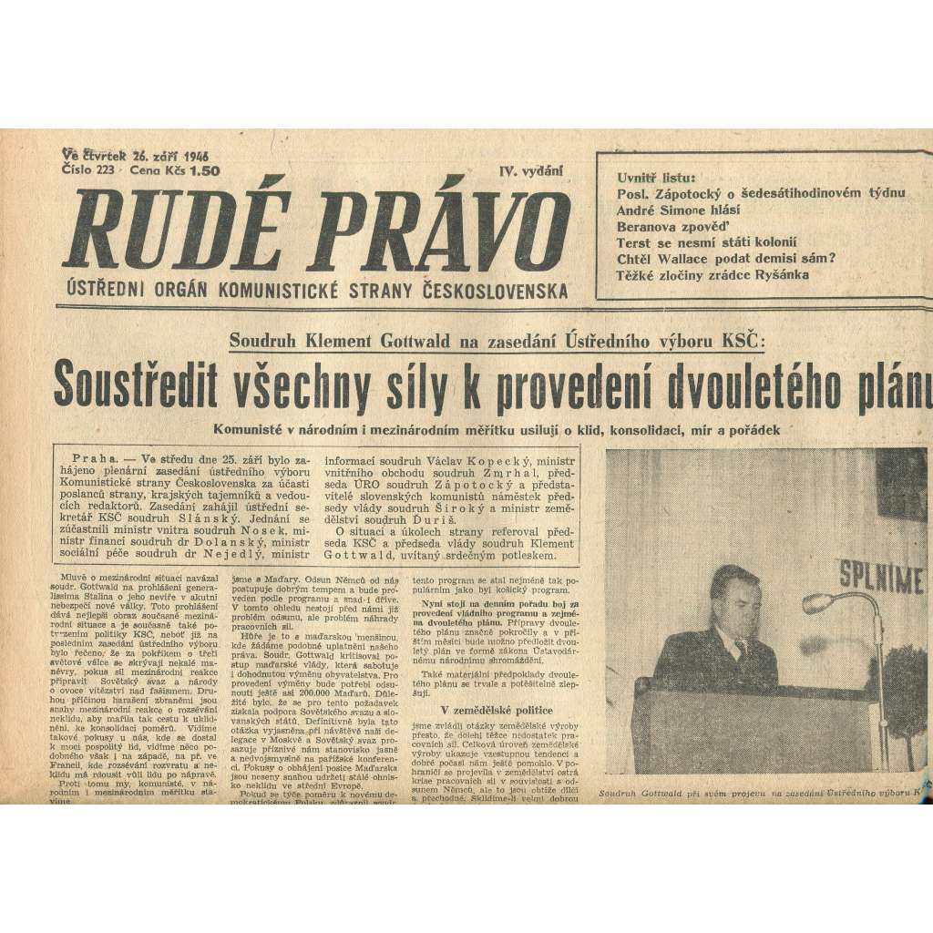 Rudé právo, číslo 223 (26.9.1946). Ústřední orgán Komunistické strany Československa (noviny)