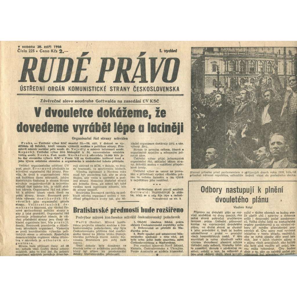 Rudé právo, číslo 225 (28.9.1946). Ústřední orgán Komunistické strany Československa (noviny)