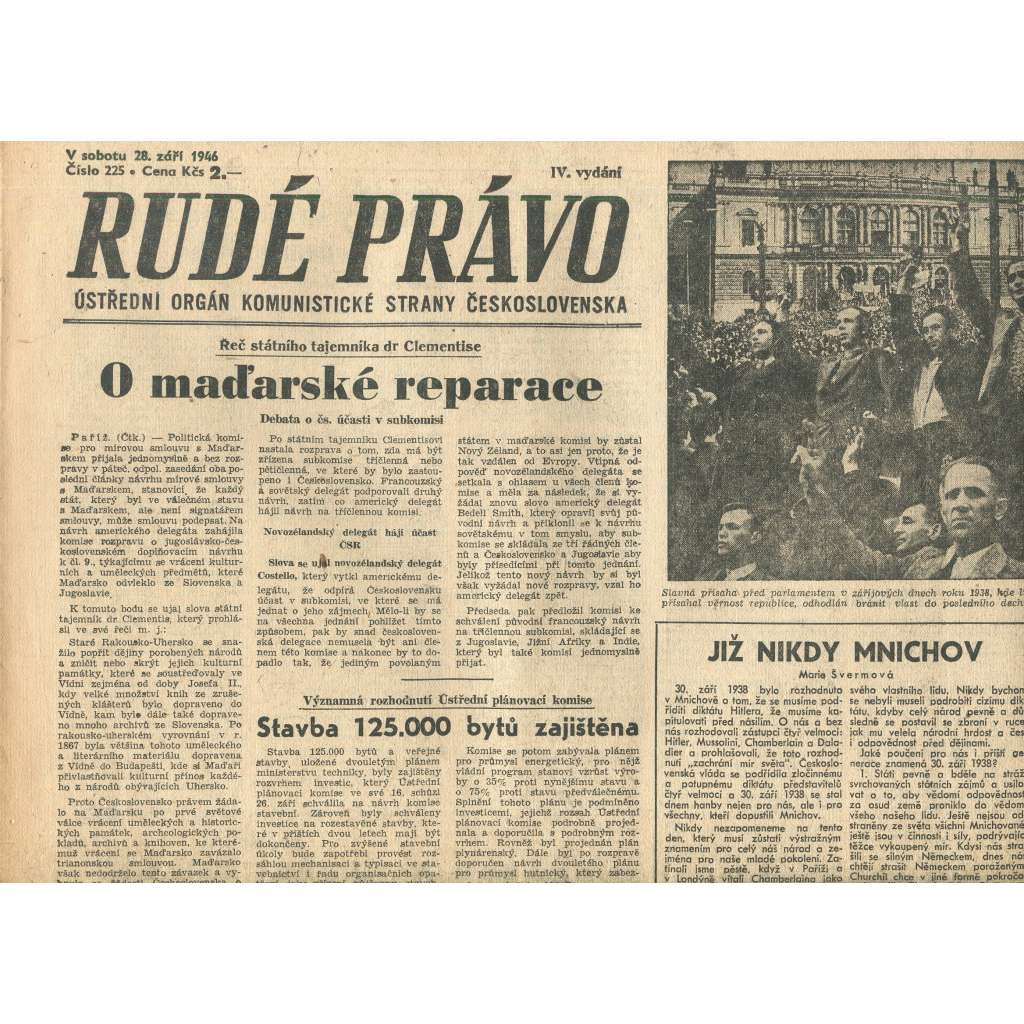 Rudé právo, číslo 225 (28.9.1946). Ústřední orgán Komunistické strany Československa (noviny)