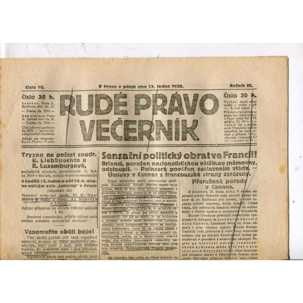 Rudé právo - večerník, ročník III., číslo 10. (13.1.1922). 1. republika, noviny
