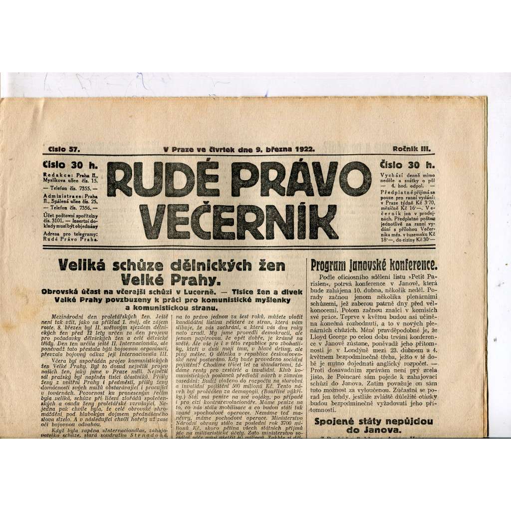 Rudé právo - večerník, ročník III., číslo 57. (9.3.1922). 1. republika, noviny